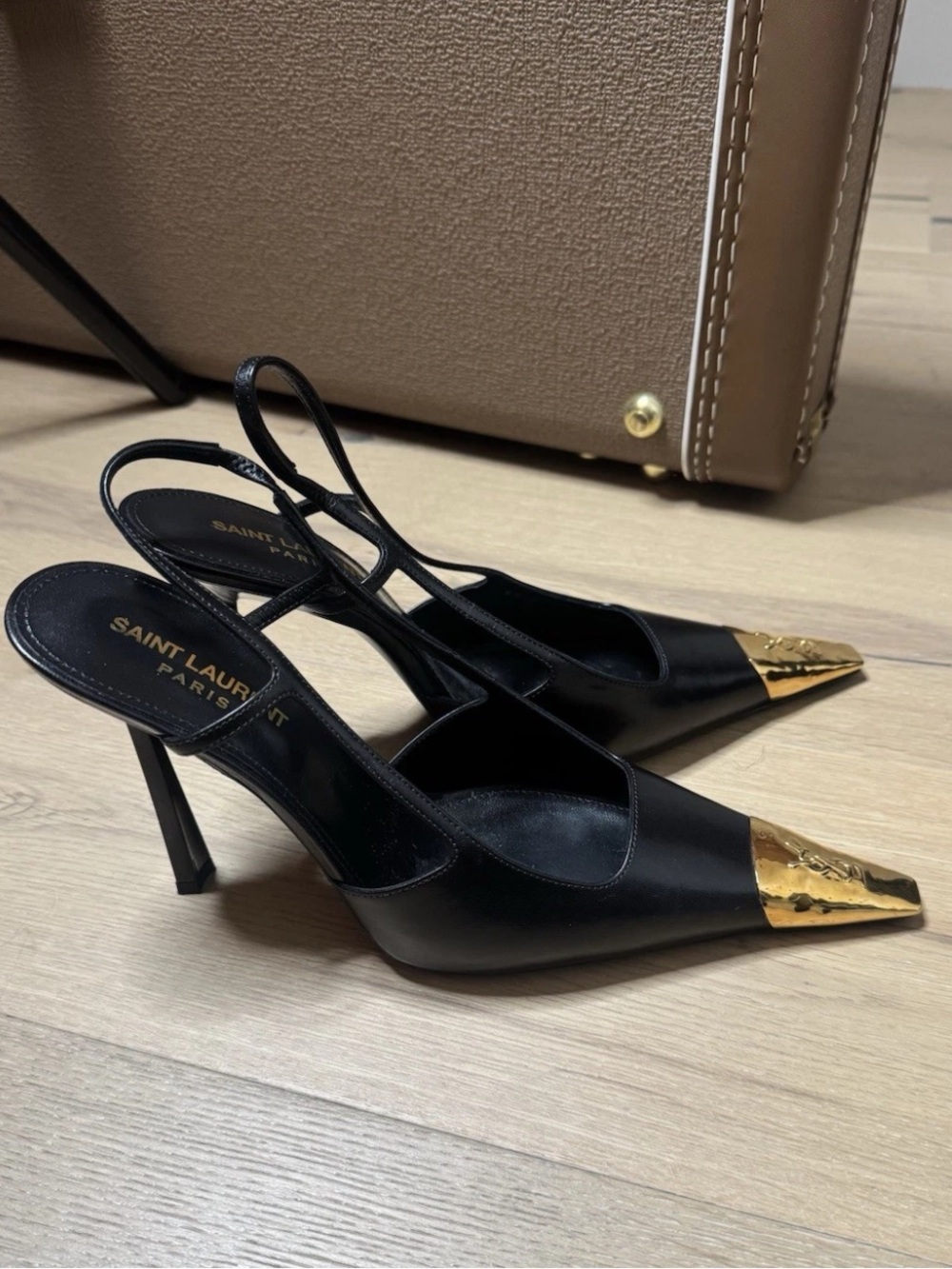 24hr sale-Saint Laurent Jeanne Black Slingback Heels Gold Metallic Toe Logo 38.5 - Picture 3 of 6
